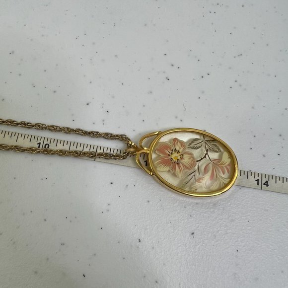 Boho Floral Necklace Pendant Reverse Painted Gold Tone Vintage‎ Hand Fairycore - Picture 9 of 9